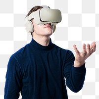 Man with VR headset png mockup touching invisible object smart technology