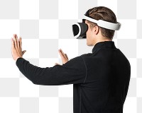 Man in VR headset png touching invisible screen