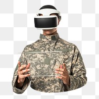 Png military officer in VR headset sticker, transparent background