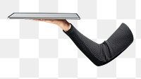 Png hand holding tablet sticker, transparent background