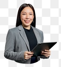 Png businesswoman holding tablet sticker, transparent background