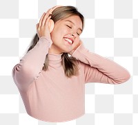 Png girl listening to music sticker, transparent background