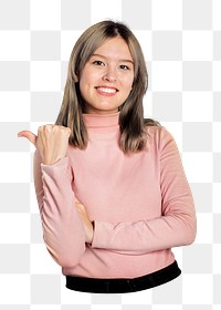 Png woman pointing left sticker, transparent background