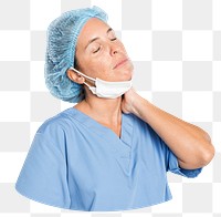 Png nurse with back pain sticker, transparent background