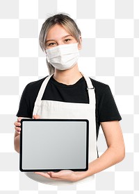 Png waitress holding tablet sticker, transparent background