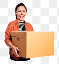 Png woman carrying box sticker, transparent background