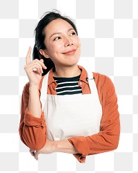 Png apron woman thinking sticker, transparent background