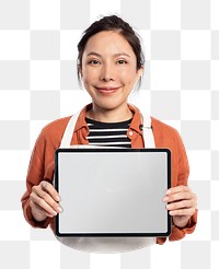 Png waitress holding tablet sticker, transparent background