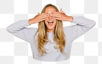 Woman hiding png sticker, transparent background