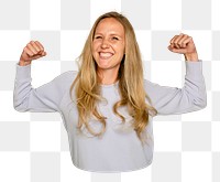 Png woman flexing muscles sticker, transparent background