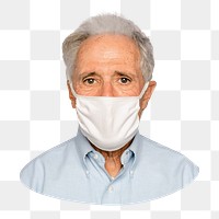 Png senior man wearing mask sticker, transparent background