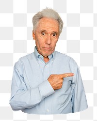 Png senior man pointing sticker, transparent background