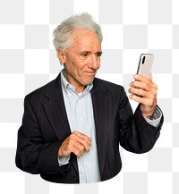 Png senior man holding phone sticker, transparent background