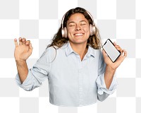 Png woman streaming music sticker, transparent background