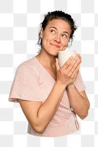 Png woman holding coffee mug sticker, transparent background