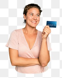 Png woman holding credit card sticker, transparent background