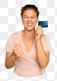 Png woman holding credit card sticker, transparent background