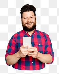 Png man holding phone sticker, transparent background