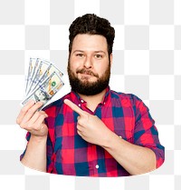 Png man holding money sticker, transparent background