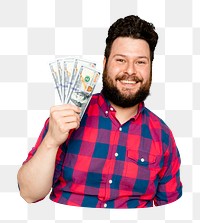 Png man holding money sticker, transparent background