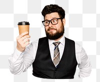 Png businessman holding coffee cup sticker, transparent background