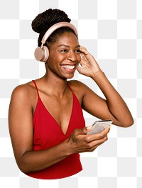 Png woman enjoying music sticker, transparent background