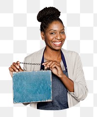 Png woman holding sign sticker, transparent background