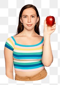 Png woman holding apple sticker, transparent background