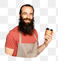 Png barista holding coffee cup sticker, transparent background