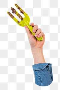 Png hand fork sticker, gardening tool, transparent background