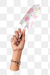 Png floral patterned shovel sticker, gardening tool, transparent background