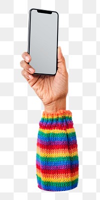 Png hand holding phone sticker, transparent background