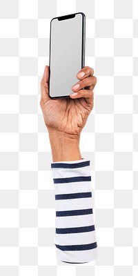 Png hand holding phone sticker, transparent background