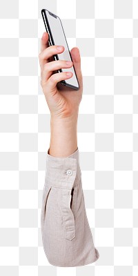 Png hand holding phone sticker, transparent background