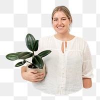 Png woman with plant sticker, transparent background