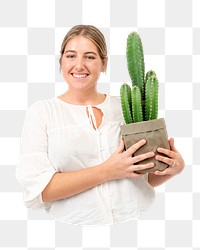 Png woman with cactus sticker, transparent background