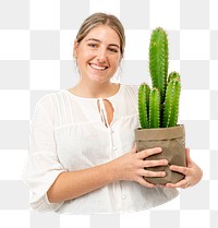 Woman holding cactus png sticker, transparent background 