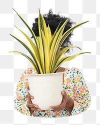 Woman holding plant png sticker, transparent background