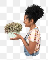 Woman holding plant png sticker, transparent background