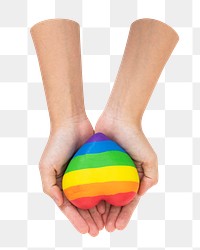 Rainbow heart png sticker in hands, transparent background