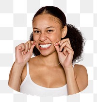 Woman flossing teeth png sticker, transparent background