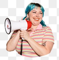 Png feminist woman with megaphone sticker, transparent background