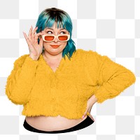 Png plus size model posing sticker, transparent background