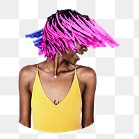 Cheerful woman png sticker, flipping hair on transparent background