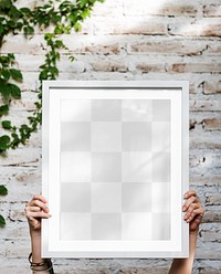 Picture frame png mockup, woman decorating wall, transparent design