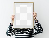 Picture frame png mockup, woman decorating wall, transparent design