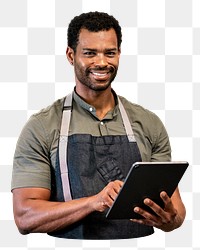 Man in apron png, using tablet, online booking  system