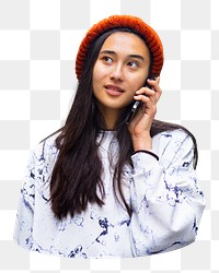 Png girl in phone call sticker, transparent background