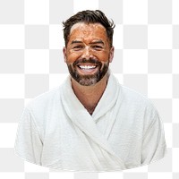 Png man in bathrobe sicker, massage design on transparent background