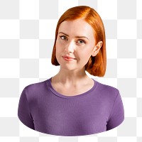 Png orange hair woman sticker, purple shirt, transparent background